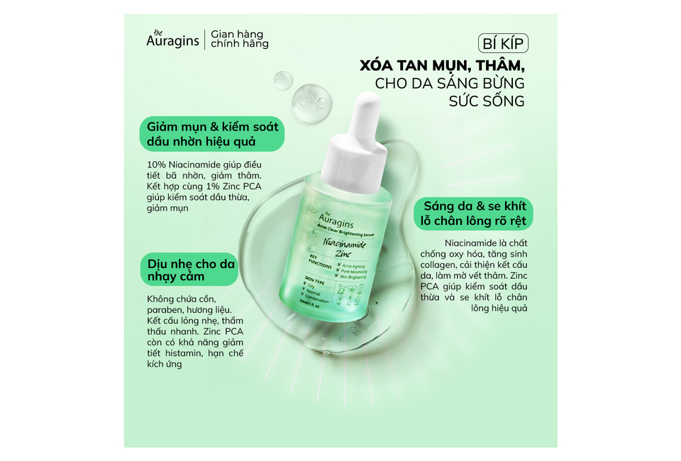 Combo 10 Bộ Đôi Tinh Chất Kiểm Soát Dầu Mụn The Auragins Tặng Gel Rửa Mặt cho da dầu mụn + Dụng Cụ Massage Mặt Gua Sha, giúp giảm mụn, kiểm soát dầu với 10% Niacinamide và 1% Zinc PCA.