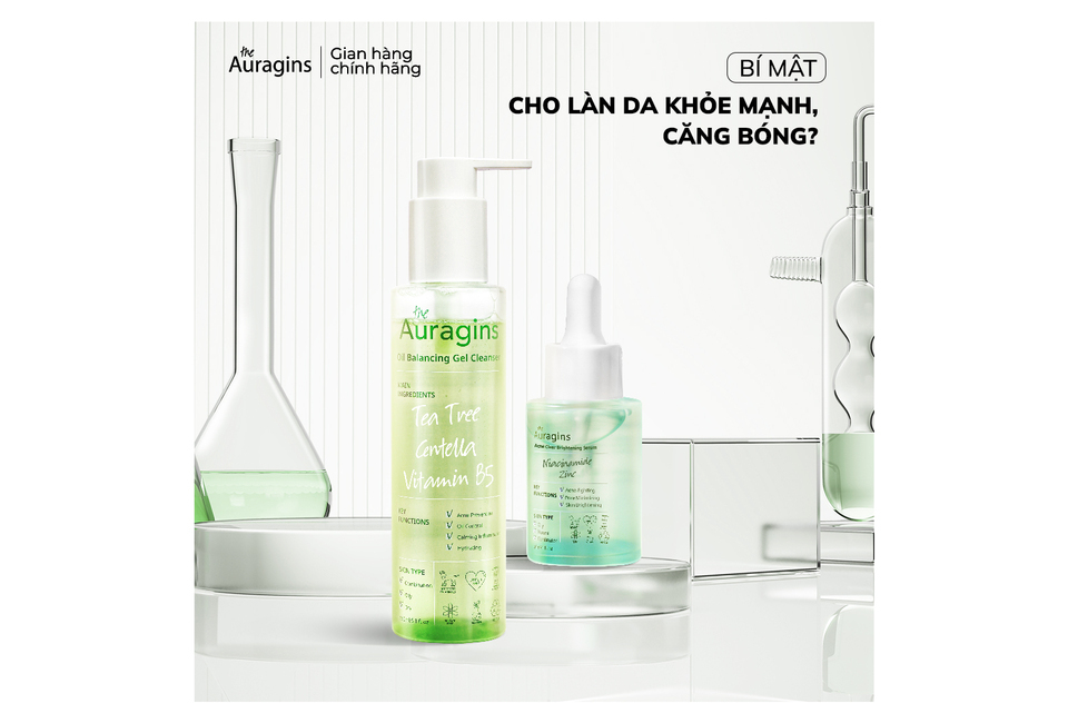 Combo 10 Bộ Đôi Tinh Chất Kiểm Soát Dầu Mụn The Auragins bao gồm Gel Rửa Mặt cho da dầu mụn và Dụng Cụ Massage Mặt Gua Sha, mang lại làn da khỏe mạnh và căng bóng với các thành phần như Chiết xuất tràm trà và Vitamin B5.