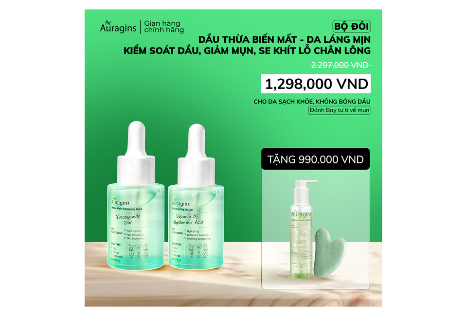 Combo 10 Bộ Đôi Tinh Chất Kiểm Soát Dầu Mụn The Auragins bao gồm Niacinamide Zinc và Vitamin B5, cùng gel rửa mặt và dụng cụ massage mặt Gua Sha, giúp kiểm soát dầu, giảm mụn, cung cấp độ ẩm cho da.
