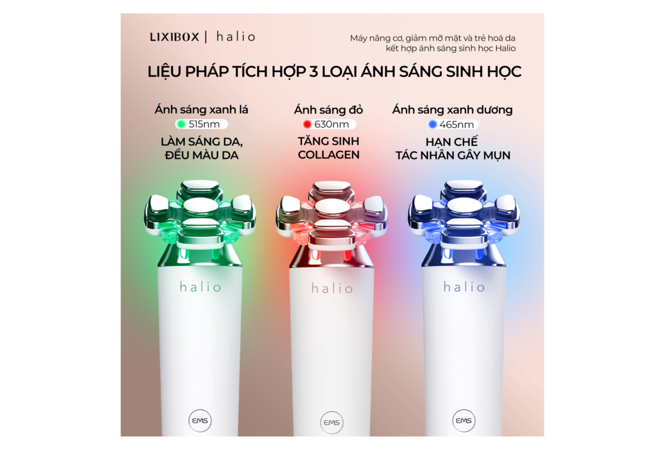 Máy Nâng Cơ, Giảm Mỡ Mặt & Trẻ Hoá Da Halio RevitaWave Skin Rejuvenator với 3 loại ánh sáng sinh học: xanh lá 515nm cho sáng da, đỏ 630nm tăng sinh collagen, xanh dương 465nm hạn chế mụn.