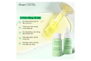 Tinh Chất The Auragins Glow Complexion Serum 14% Vitamin C + 6 Berries Extracts 15ml giúp làm sáng da, giảm thâm nám với 5 chức năng nổi bật như cải thiện màu da, cấp ẩm và làm săn chắc da.