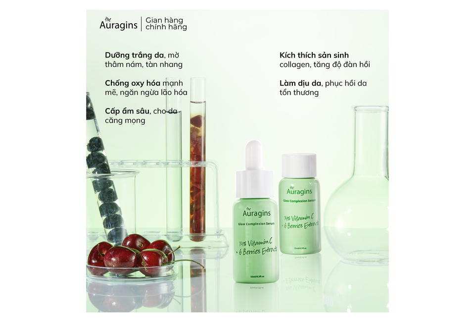 Tinh Chất The Auragins Glow Complexion Serum 14% Vitamin C + 6 Berries Extracts 15ml, sản phẩm làm sáng da, giảm thâm nám, cung cấp độ ẩm sâu cho da, kích thích sản sinh collagen và làm dịu da.