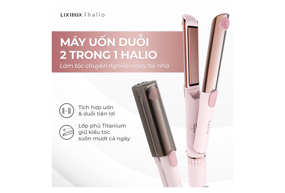 Máy uốn duỗi 2 trong 1 Halio với công nghệ tích hợp, lớp phủ Titanium giúp giữ kiểu tóc suôn mượt mỗi ngày, lý tưởng cho việc tạo kiểu chuyên nghiệp tại nhà.