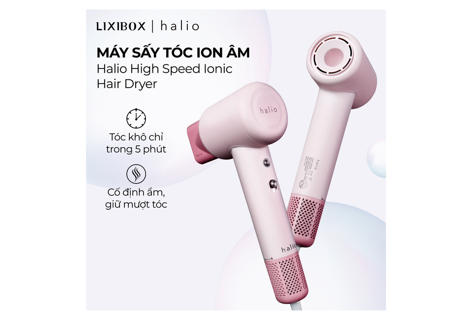 Máy sấy tóc ion âm Halio High Speed Ionic Hair Dryer với thiết kế hiện đại, giúp tóc khô chỉ trong 5 phút và giữ độ ẩm, phù hợp cho mọi loại tóc.