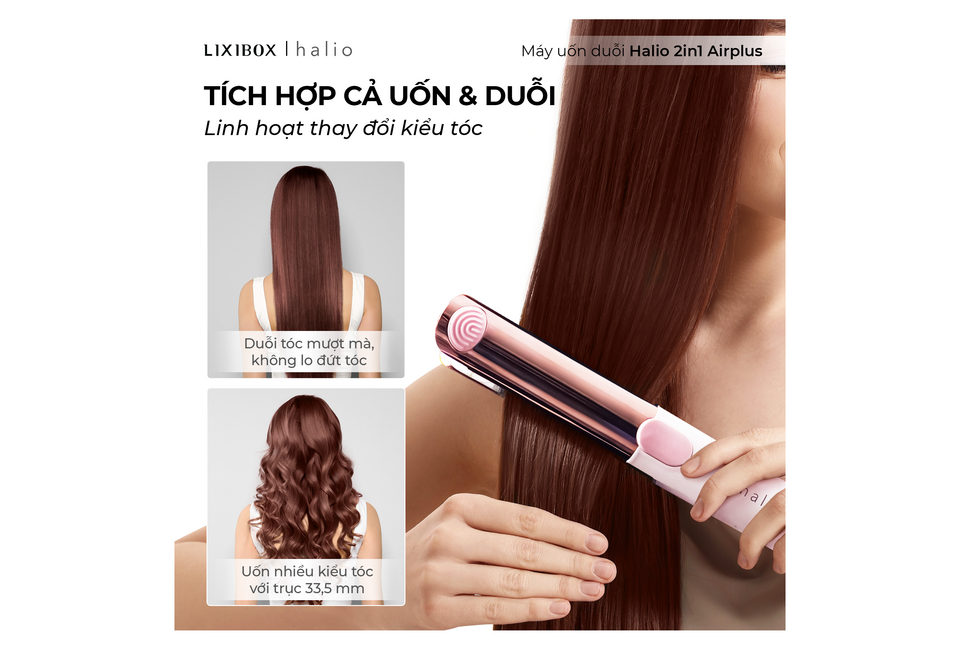 Combo máy sấy tóc Halio High Speed Ionic Hair Dryer và máy uốn duỗi Halio 2in1 Airplus Hair Styler, tích hợp uốn và duỗi tóc, giúp tạo kiểu tóc đẹp và dễ dàng tại nhà.