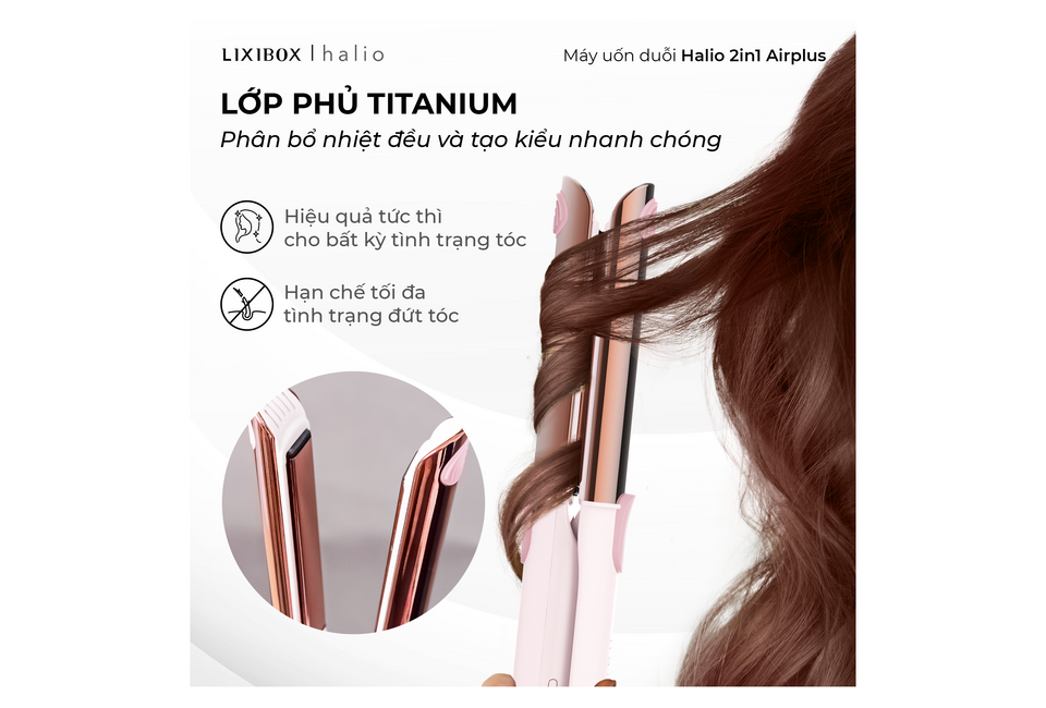 Máy uốn duỗi Halio 2in1 Airplus với lớp phủ titanium, hiệu quả tức thì cho bất kỳ tình trạng tóc, hạn chế tình trạng đứt tóc, thiết kế hiện đại, màu sắc trang nhã.