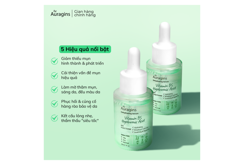 Combo 10 Bộ Đôi Tinh Chất Kiểm Soát Dầu Mụn The Auragins gồm serum Vitamin B5 và Hyaluronic Acid với 5 hiệu quả nổi bật cho da mụn, giúp cải thiện tình trạng da, phục hồi và làm sáng da.