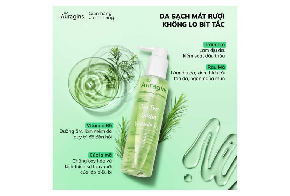 Combo 12 Bộ Đôi Tinh Chất The Auragins Cho Da Sáng Khỏe Ngừa Mụn Toàn Diện Tặng Gel Rửa Mặt và Minisize Gel Dưỡng Ẩm + Nước Cân Bằng AHA PHA gồm sản phẩm làm sạch nhẹ nhàng cho da, chiết suất tràm trà, rau má và Vitamin B5 giúp da khỏe mạnh, ngừa mụn hiệu quả.