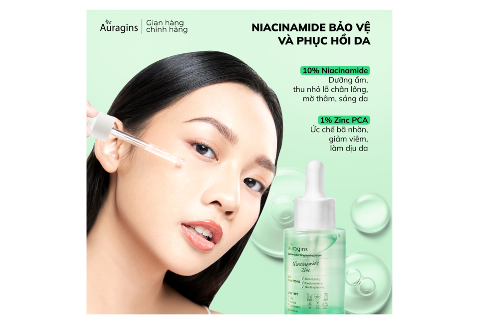 Combo 12 Bộ Đôi Tinh Chất The Auragins Chăm Sóc Da Sáng Khỏe Kèm Gel Rửa Mặt và Minisize Gel Dưỡng Ẩm + Nước Cân Bằng AHA PHA. Sản phẩm với 10% Niacinamide và 1% Zinc PCA hỗ trợ bảo vệ và phục hồi da.