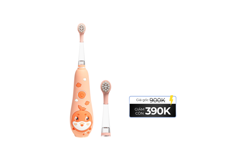 Bàn Chải Điện Dành Cho Trẻ Em Halio Smartsonic Electric Kid Toothbrush màu hồng, thiết kế dễ thương với đầu bàn chải thay thế, kèm thông tin giảm giá từ 900K còn 390K.