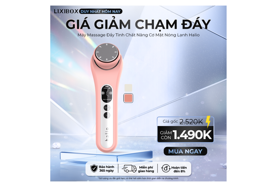 Máy Đẩy Tinh Chất Dưỡng Trắng Nóng Lạnh Halio Ion Hot & Cool Beauty Device màu trắng, hiển thị giá gốc 2.520K, giảm còn 1.490K, với thông tin khuyến mãi và bảo hành 365 ngày.