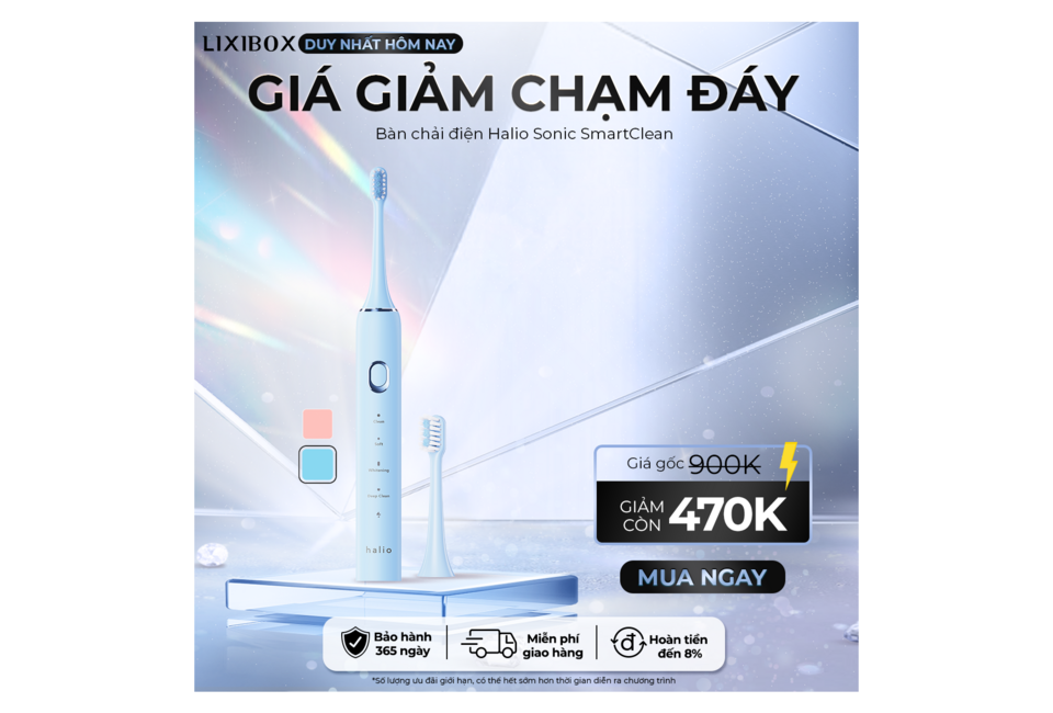 Bàn chải điện Halio Sonic SmartClean với màu xanh, hiển thị giá gốc 900K và giảm 470K. Đảm bảo bảo hành 365 ngày, giao hàng miễn phí và hoàn tiền đến 8%.