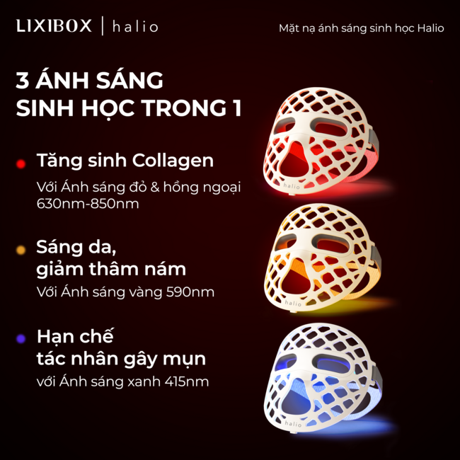 Mặt Nạ Ánh Sáng Sinh Học Halio PureGlow Ultralite Silicone LED Face Mask với công nghệ 3 ánh sáng sinh học: đỏ, vàng và xanh, giúp tăng sinh collagen, sáng da và hạn chế tác nhân gây mụn. Bao gồm quà tặng là Máy Sấy Tóc Halio Hypersonic - Space Grey.