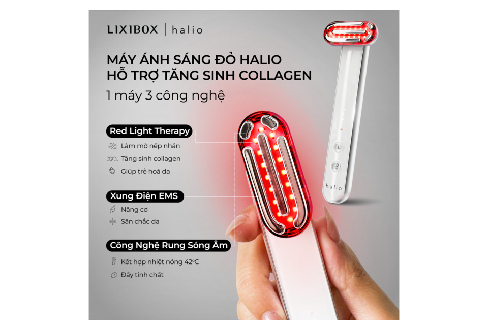 Máy ánh sáng đỏ Halio hỗ trợ tăng sinh collagen với công nghệ 3 trong 1, bao gồm liệu pháp ánh sáng đỏ, xung điện EMS và công nghệ rung sóng âm, giúp chăm sóc da nhạy cảm hiệu quả.