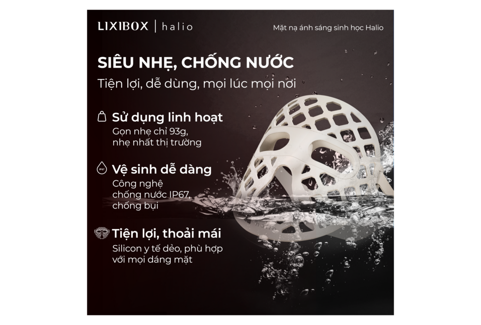 Mặt Nạ Ánh Sáng Sinh Học Halio PureGlow Ultralite Silicone LED Face Mask với thiết kế siêu nhẹ, chống nước IP67, tiện lợi cho việc sử dụng hàng ngày. Tặng kèm Máy Sấy Tóc Halio Hypersonic - Space Grey giúp chăm sóc sắc đẹp dễ dàng hơn.
