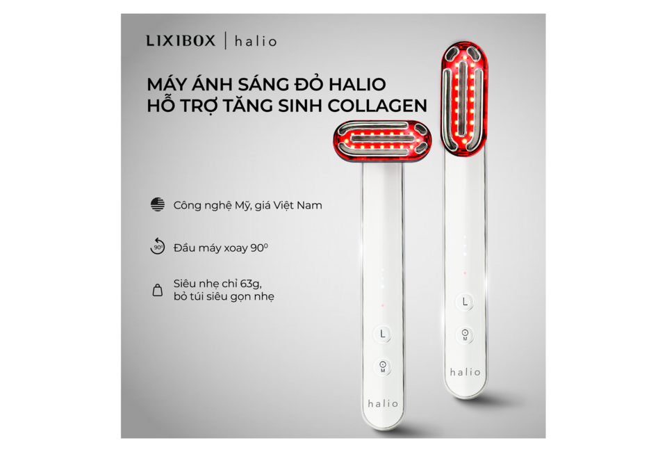 Máy ánh sáng đỏ Halio hỗ trợ tăng sinh collagen, thiết kế siêu nhẹ chỉ 63g, công nghệ Mỹ sản xuất tại Việt Nam, đầu máy xoay 90 độ, tiện lợi cho việc chăm sóc da, lý tưởng cho làn da nhạy cảm.