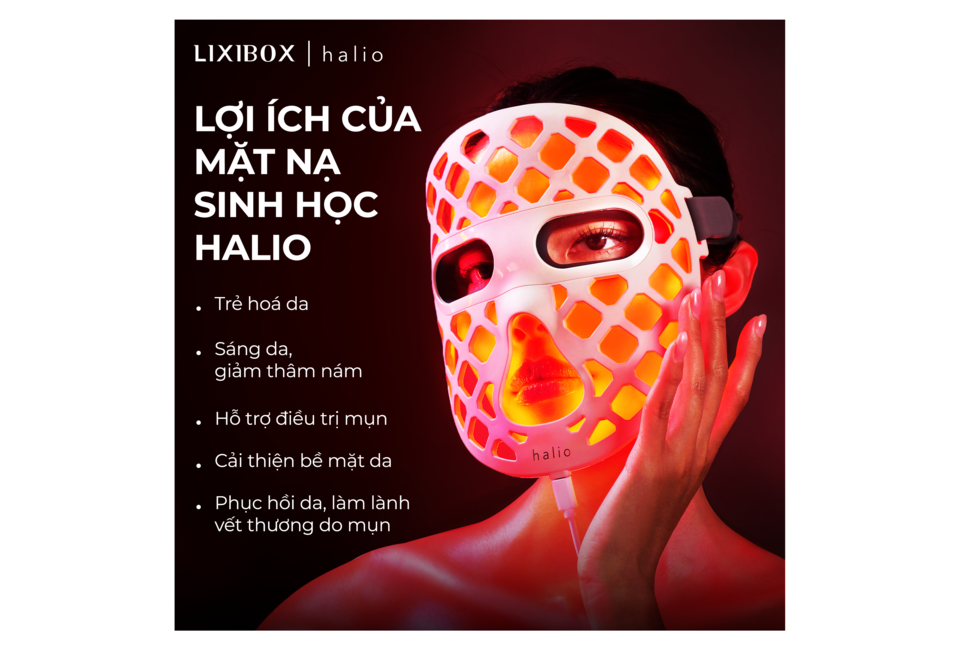 Mặt Nạ Ánh Sáng Sinh Học Halio PureGlow Ultralite Silicone LED Face Mask, minh họa lợi ích sản phẩm: trẻ hóa da, sáng da, hỗ trợ điều trị mụn, cải thiện bề mặt da, phục hồi da và làm lành vết thương do mụn.