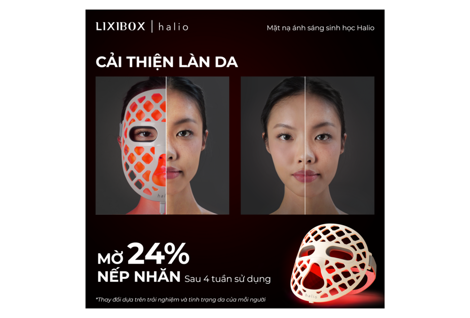 Mặt Nạ Ánh Sáng Sinh Học Halio PureGlow Ultralite Silicone LED Face Mask tặng Máy Sấy Tóc Halio Hypersonic - Pearl White, cải thiện làn da, mở 24% nếp nhăn sau 4 tuần sử dụng cùng hình ảnh biến đổi làn da trước và sau khi sử dụng.