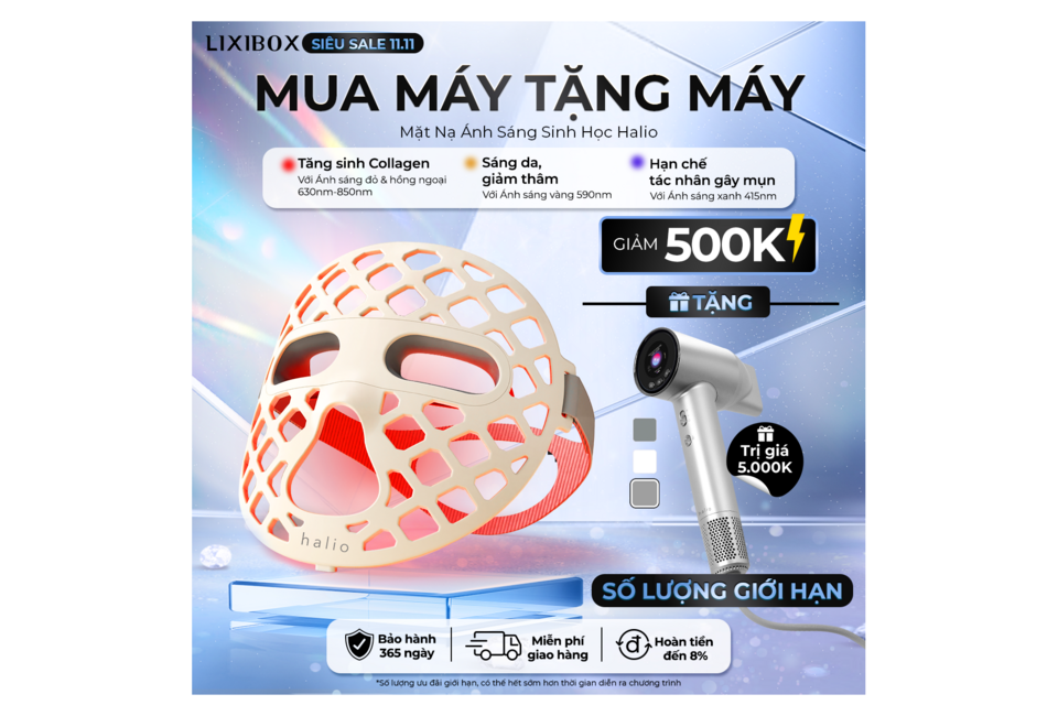 Mặt Nạ Ánh Sáng Sinh Học Halio PureGlow Ultralite Silicone LED Face Mask tặng Máy Sấy Tóc Halio Hypersonic - Space Grey trong chương trình khuyến mãi LIXIBOX 11.11, giảm giá 500K, ưu đãi số lượng giới hạn và bảo hành 365 ngày.