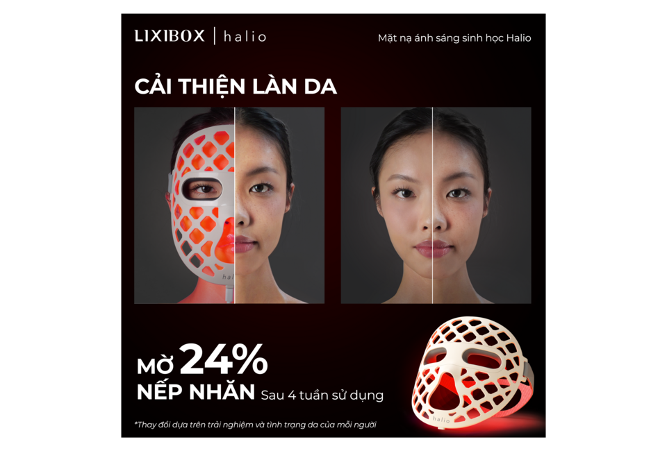 Mặt Nạ Ánh Sáng Sinh Học Halio PureGlow Ultralite Silicone LED Face Mask với sự cải thiện làn da, giảm 24% nếp nhăn chỉ sau 4 tuần sử dụng. Sản phẩm kết hợp cùng Máy Sấy Tóc Halio Hypersonic - Silver Frost.