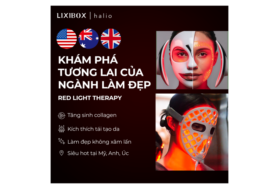 Mặt Nạ Ánh Sáng Sinh Học Halio PureGlow Ultralite Silicone LED Face Mask tặng Máy Sấy Tóc Halio Hypersonic - Silver Frost, với ánh sáng đỏ giúp tăng sinh collagen, kích thích tái tạo da và làm đẹp không xâm lấn, nổi bật tại thị trường Mỹ, Anh, Úc.