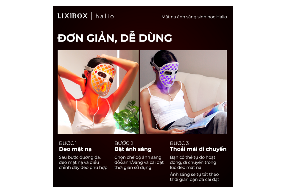 Hướng dẫn sử dụng Mặt Nạ Ánh Sáng Sinh Học Halio PureGlow Ultralite Silicone LED Face Mask, bao gồm các bước: đeo mặt nạ, bật ánh sáng và thoải mái di chuyển trong quá trình sử dụng.