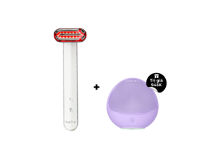 Máy Ánh Sáng Đỏ Tăng Sinh Collagen Halio Red Light Therapy Device 3 in 1 kết hợp cùng Máy rửa mặt dành cho da nhạy cảm màu tím, với giá trị quà tặng lên tới 945K.