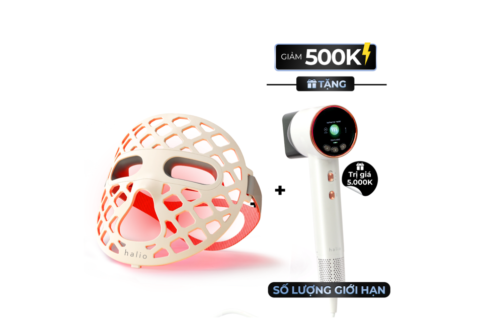 Mặt Nạ Ánh Sáng Sinh Học Halio PureGlow Ultralite Silicone LED Face Mask kèm Máy Sấy Tóc Halio Hypersonic - Pearl White với ưu đãi giảm giá 500K, số lượng có hạn.