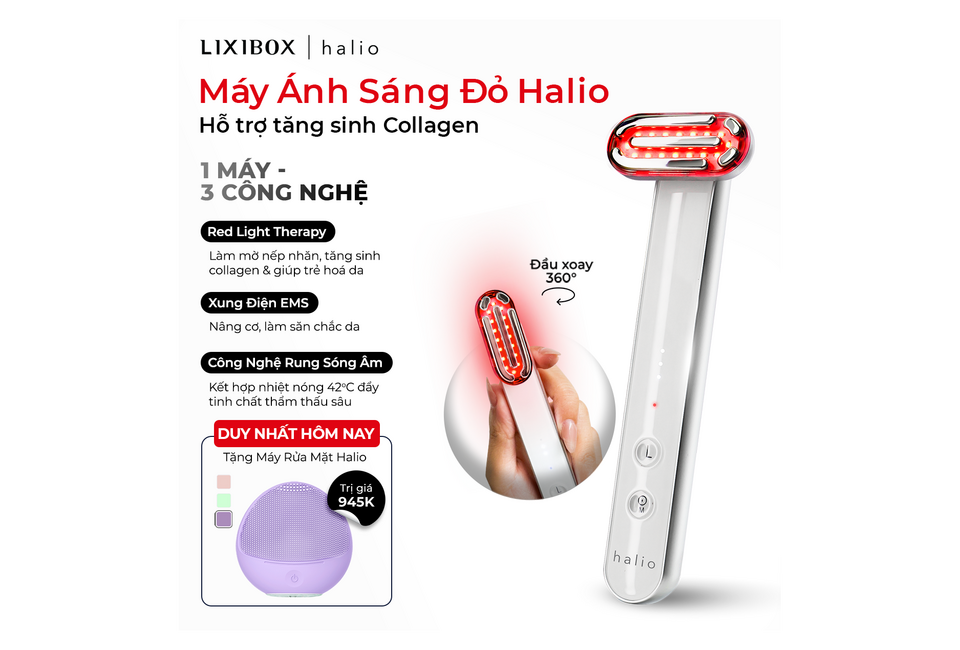 Máy Ánh Sáng Đỏ Halio hỗ trợ tăng sinh collagen, với 3 công nghệ: Red Light Therapy, Xung Điện EMS và Công Nghệ Rung Sóng Âm. Tặng kèm Máy Rửa Mặt Halio trị giá 945K.
