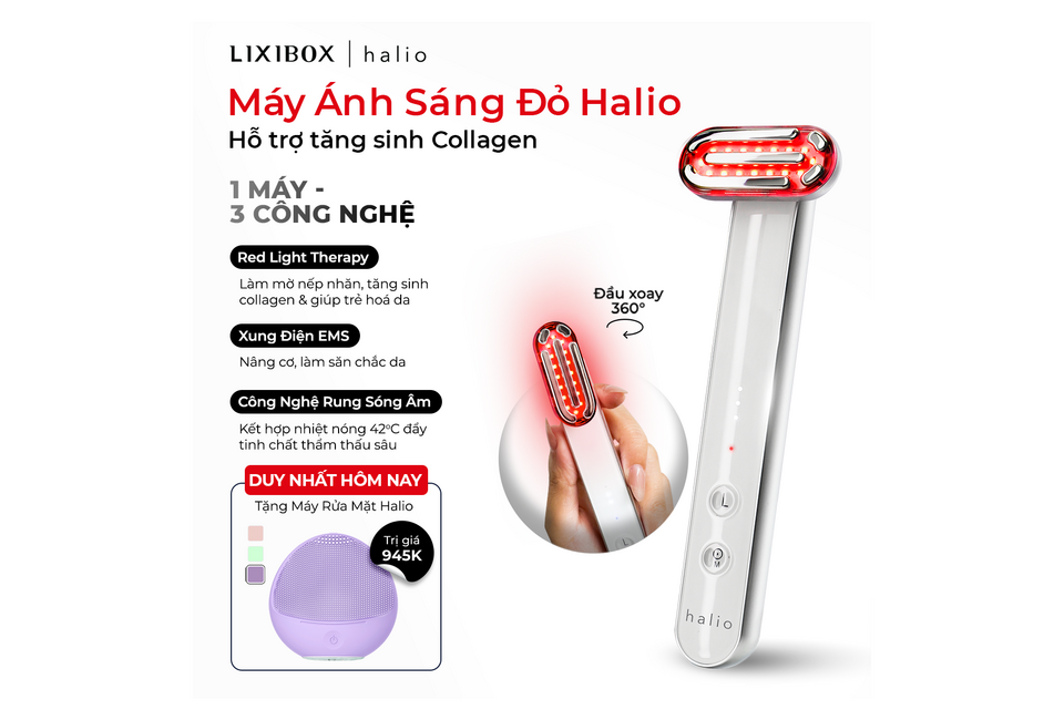 Máy Ánh Sáng Đỏ Halio hỗ trợ tăng sinh collagen với 3 công nghệ: liệu pháp ánh sáng đỏ, xung điện EMS và công nghệ rung sóng âm. Tặng kèm máy rửa mặt dành cho da nhạy cảm.