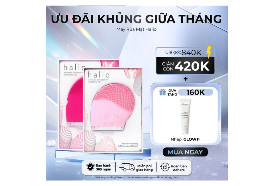 Máy rửa mặt Halio Facial Cleansing & Massaging Device - Mustard Limited Edition với ưu đãi giảm giá 420K, kèm quà tặng trị giá 160K. Sản phẩm được thiết kế đặc biệt cho chăm sóc da mặt.