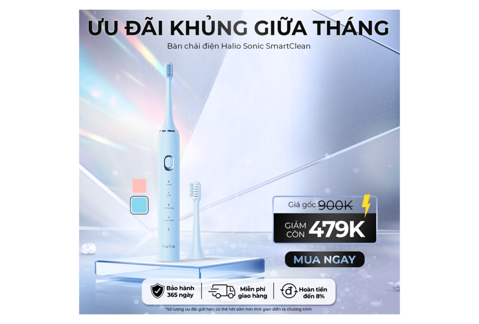 Ưu đãi khủng cho Bàn chải điện Halio Sonic SmartClean với giá giảm 479K. Sản phẩm có nhiều tính năng làm sạch hiệu quả, được thiết kế tinh tế với màu xanh trang nhã.