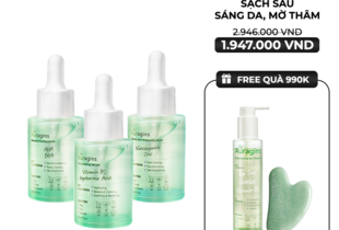 Combo 9 Bộ Ba Tinh Chất The Auragins Da Sạch Mịn Rạng Ngời Tự Tin, bao gồm AHA BHA, Vitamin B5 và Niacinamide Zinc, kèm Gel Rửa Mặt cho Da Dầu Mụn và Đá Guasha. Giá giảm còn 1.947.000 VNĐ, miễn phí quà tặng trị giá 990K.