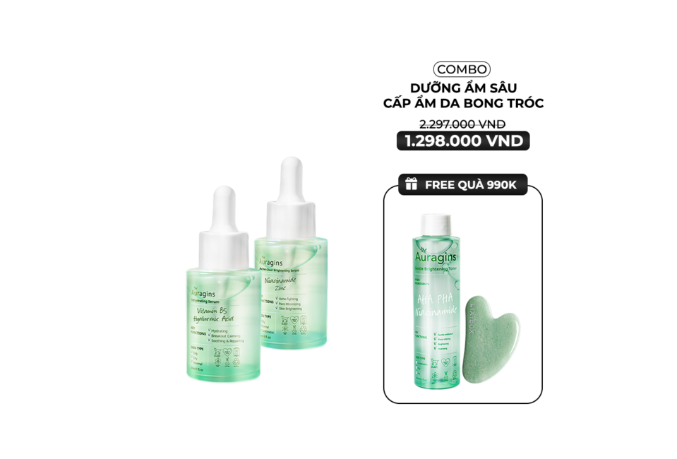 Combo 11 Bộ Đôi Tinh Chất Dưỡng Ẩm Phục Hồi The Auragins bao gồm 2 tinh chất Vitamin B5, Hyaluronic Acid và Niacinamide Zinc, kèm nước hoa hồng AHA PHA và dụng cụ massage mặt Guasha, giúp dưỡng ẩm và làm sáng da.