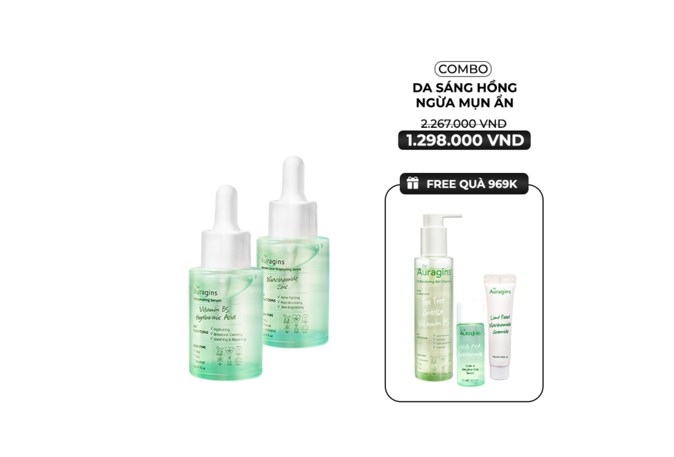 Combo 12 Bộ Đôi Tinh Chất The Auragins cung cấp giải pháp làm sáng da khỏe mạnh, ngừa mụn hiệu quả, sản phẩm bao gồm gel rửa mặt và minisize gel dưỡng ẩm cùng nước cân bằng AHA PHA, giá 1.298.000 VNĐ, có quà tặng.