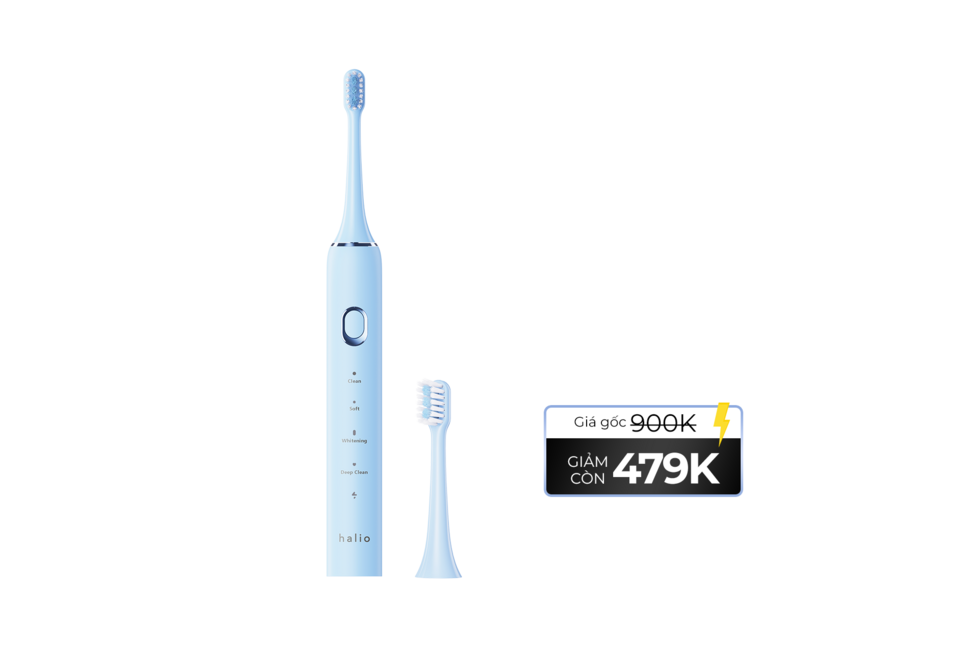 Bàn chải điện Halio Sonic SmartClean màu xanh nhẹ, thiết kế hiện đại với các chế độ Clean, Soft, Whitening và Deep Clean. Giá gốc 900K, giảm còn 479K.