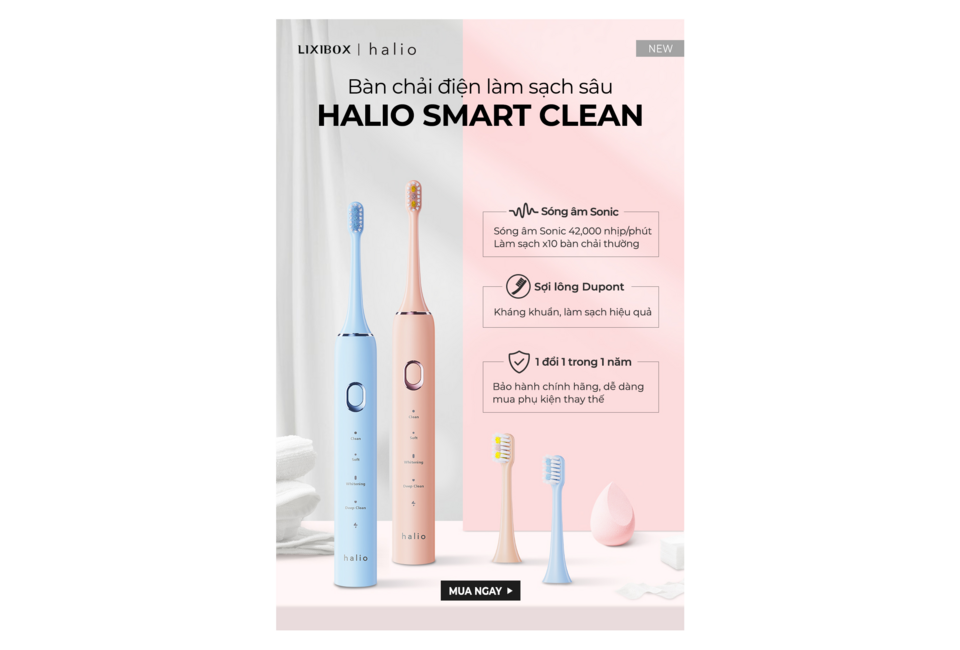 Bàn chải điện làm sạch sâu HALIO SMART CLEAN với sóng âm 42,000 nhịp/phút, hiệu quả làm sạch gấp 10 lần bàn chải thường. Sợi lông Dupont kháng khuẩn và bảo hành 1 đổi 1 trong 1 năm.