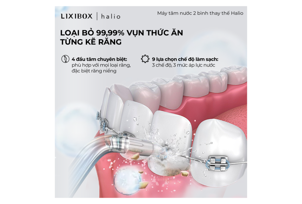 Combo Máy Tăm Nước 2 Bình Thay Thế Halio Muted Rose & Bàn chải điện Halio Sonic SmartClean Sky Blue giúp chăm sóc răng miệng hiệu quả, loại bỏ 99,99% vết bẩn với 4 đầu tăm chuyên biệt và 9 lựa chọn chế độ làm sạch.