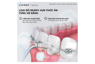 Combo Máy Tăm Nước 2 Bình Thay Thế Halio Muted Rose & Bàn chải điện Halio Sonic SmartClean Sky Blue giúp chăm sóc răng miệng hiệu quả, loại bỏ 99,99% vết bẩn với 4 đầu tăm chuyên biệt và 9 lựa chọn chế độ làm sạch.