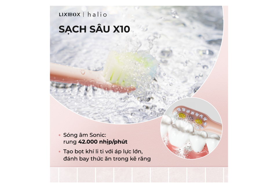 Combo Máy Tăm Nước 2 Bình Thay Thế Halio Muted Rose & Bàn chải điện Halio Sonic SmartClean Sky Blue Chăm Sóc Răng Miệng với chức năng sóng âm Sonic, tạo bọt khí và làm sạch sâu răng miệng hiệu quả, mang lại trải nghiệm chăm sóc răng miệng tối ưu.
