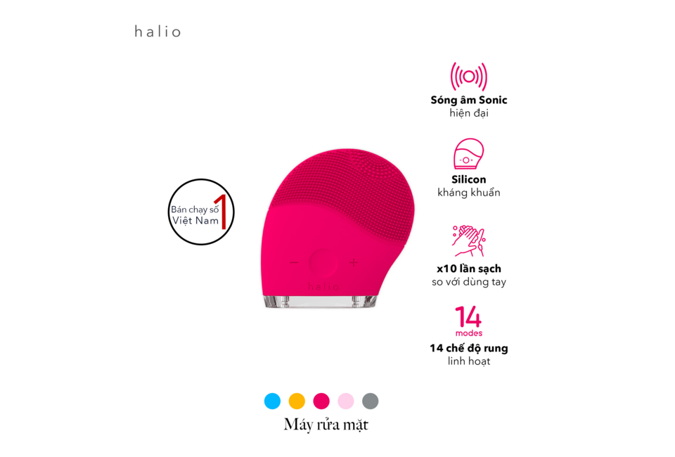 Máy rửa mặt Halio Original Hot Pink với công nghệ sóng âm Sonic, chất liệu silicon kháng khuẩn, giúp làm sạch gấp 10 lần so với rửa tay, có 14 chế độ rung linh hoạt.