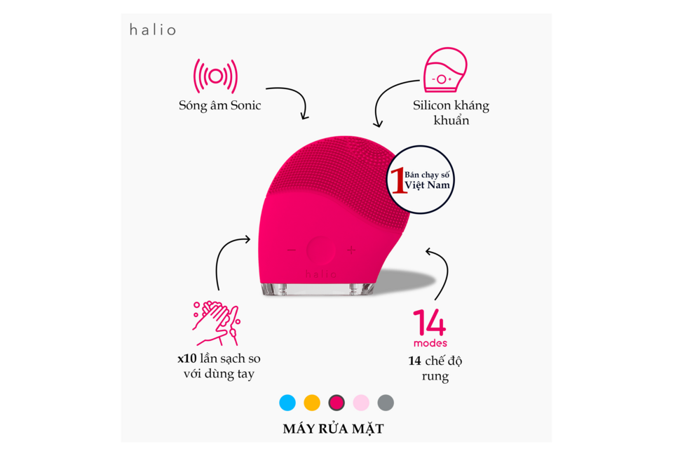 Bộ sản phẩm Combo Bàn Chải Điện Halio Sonic Whitening Rose Gold và Máy Rửa Mặt Halio Original Hot Pink, kết hợp công nghệ sóng âm Sonic với silicon kháng khuẩn, 14 chế độ rung, mang lại hiệu quả làm sạch gấp 10 lần.