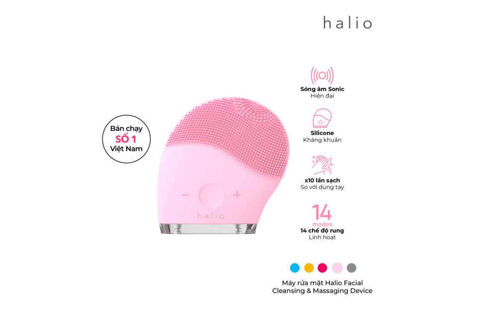 Máy rửa mặt Halio Original Baby Pink với sóng âm Sonic, silicone kháng khuẩn, 14 chế độ rung linh hoạt, là sản phẩm bán chạy số 1 Việt Nam cho việc làm sạch da hiệu quả gấp 10 lần so với dùng tay.
