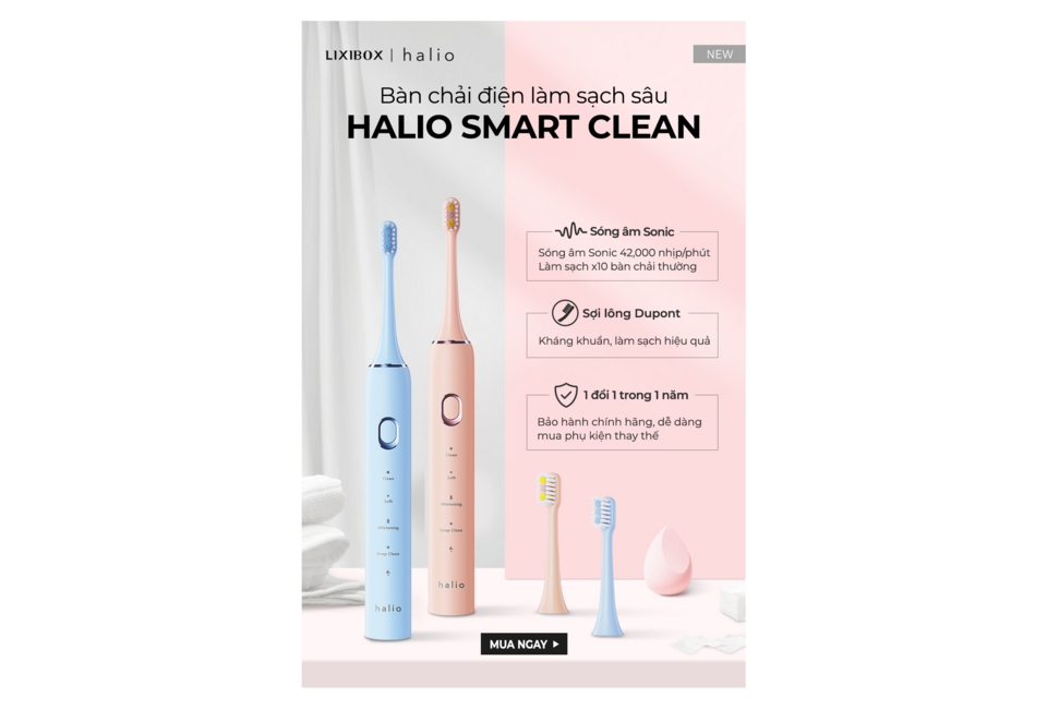 Combo Bàn chải điện Halio Sonic SmartClean Electric Toothbrush Sky Blue và Coral, với công nghệ sóng âm 42,000 nhịp/phút, sản phẩm lý tưởng cho việc chăm sóc răng miệng. Tặng kèm Túi Tote Everyday Mini.