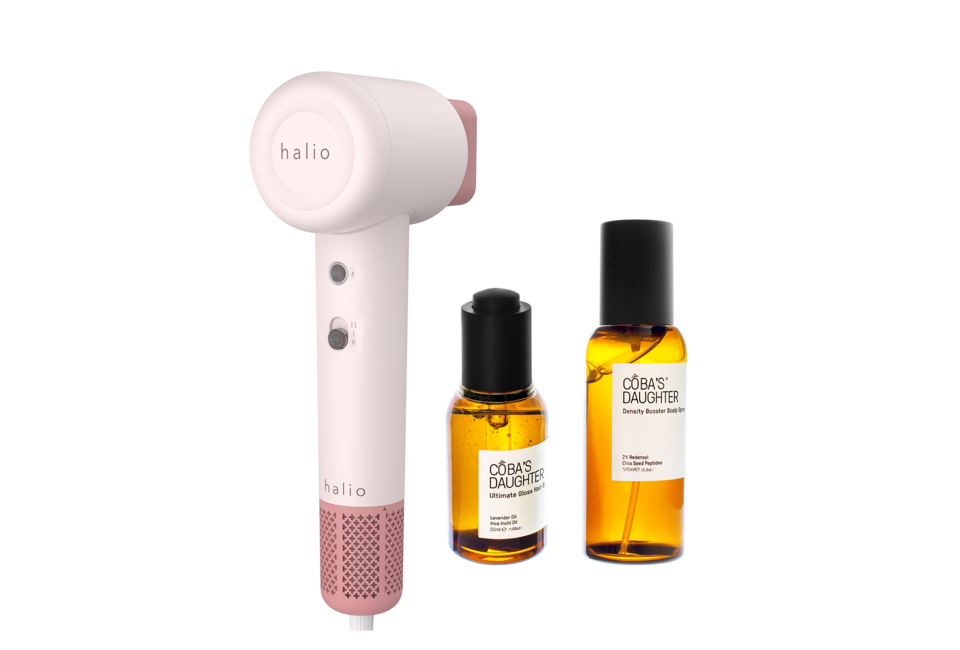 Combo Máy Sấy Tóc Halio Tốc Độ Cao kết hợp với bộ đôi chăm sóc tóc Coba's Daughter gồm Dầu bóng Ultimate Gloss Hair S và Xịt kích thích độ dày Density Booster Scalp Spray, tạo kiểu tóc hoàn hảo và chăm sóc tóc hiệu quả.