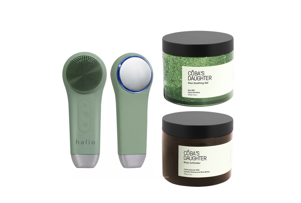 Combo Máy Rửa Mặt Halio 5in1 và Gel dưỡng nha đam cùng Tẩy tế bào chết Coba's Daughter. Bộ sản phẩm hoàn hảo cho việc chăm sóc da mặt, bao gồm máy rửa mặt hiện đại và các sản phẩm chăm sóc da tự nhiên.