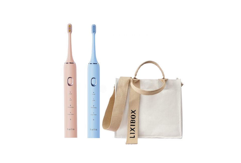 Bộ sản phẩm [MUA 2 TÍNH 1] Combo Bàn chải điện Halio Sonic SmartClean Electric Toothbrush màu Sky Blue và Coral kèm Túi Tote Everyday Mini, hoàn hảo cho việc chăm sóc sức khỏe răng miệng.