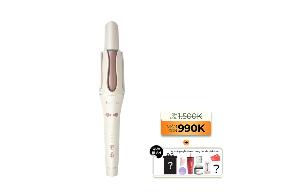 Máy Uốn Tóc Tự Xoay Ion Âm Halio instaCurl Premium Automatic Hair Styler màu trắng ngọc trai, hiển thị giá gốc 1.500K và giảm còn 990K, kèm quà biếu hấp dẫn từ nhà sản xuất.