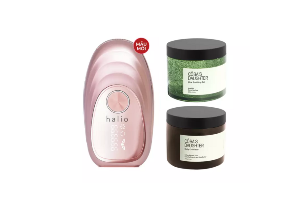Combo Máy Triệt Lông Lạnh Halio & Bộ Đôi Tẩy Tế Bào Chết và Gel dưỡng nha đam Coba's Daughter, bao gồm sản phẩm triệt lông màu hồng và hai loại kem chăm sóc da, phục vụ nhu cầu làm đẹp.