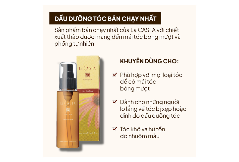 Tinh Chất Dưỡng Tóc La CASTA Aromaesthe Hair Emulsion Phục Hồi Tóc Hư Tổn 80ml, sản phẩm chăm sóc tóc phù hợp cho mọi loại tóc, giúp tóc bóng mượt và phục hồi hư tổn, đặc biệt cho tóc khô và nhuộm màu.